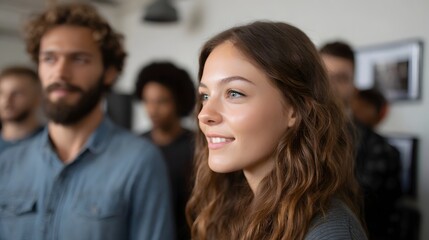 Obraz premium A confident young woman in the foreground is featured in a professional group setting suggesting collabo n and positive workplace communication