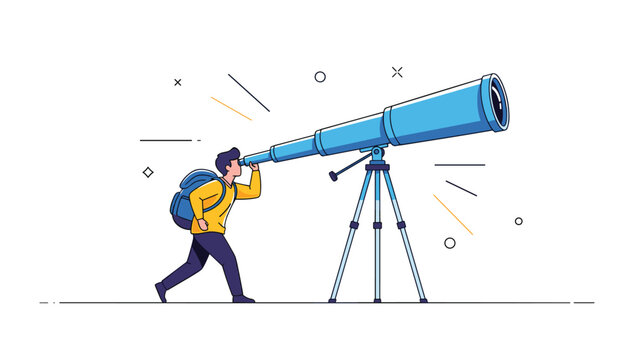 Ambitious man looking through a giant telescope on a tripod at the sky for future visions and long term goals concept.