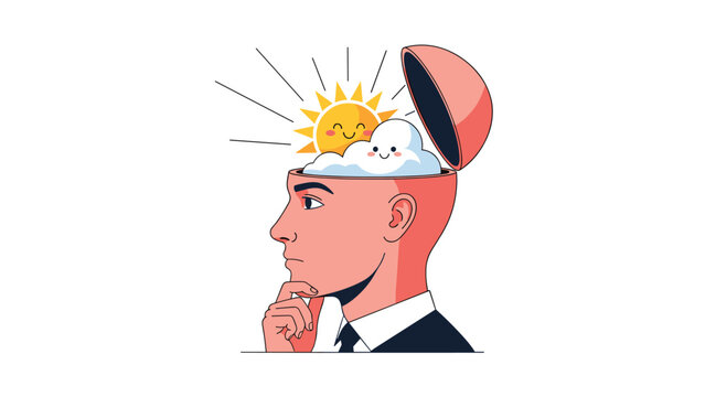 Pensive businessman with a happy sun and cloud inside his head symbolizing positive thinking and clear vision.