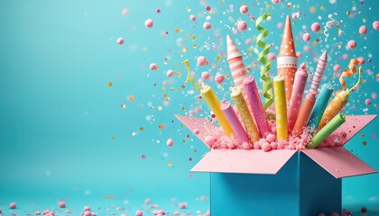 Obraz premium Colorful party candles, confetti explode from blue box. Festive surprise for birthday celebration, wedding anniversary, special event. Bright, fun, joyful atmosphere for invitations, greeting cards.