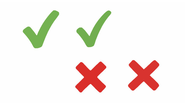 Hand drawn check and cross icon set with green tick and red x symbols playful vector illustration