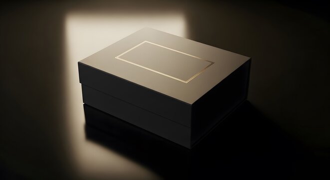 Minimalist black rectangular gift box with thin gold frame detail on lid reflecting warm light on dark polished surface for high end product packaging.