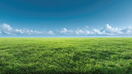Fototapeta premium Lush Green Grass Under Clear Blue Sky with Fluffy Clouds Highlighting the Beauty of Nature in an Open Field During a Bright Sunny Day
