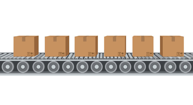 A series of uniform brown cardboard boxes moves steadily along a grey industrial conveyor belt system with rotating rollers in a shipping facility.