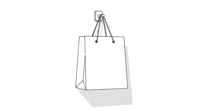 A simple black and white outline of a shopping bag hanging on a hook