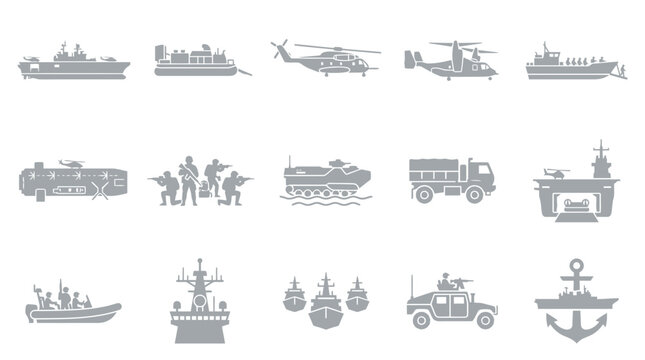 Collection of military vehicles and equipment icons including ships, helicopters, trucks, and personnel.