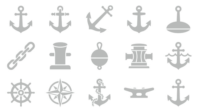 A collection of nautical icons including anchors, buoys, a ship's wheel, a compass rose, and a ship's cleat.