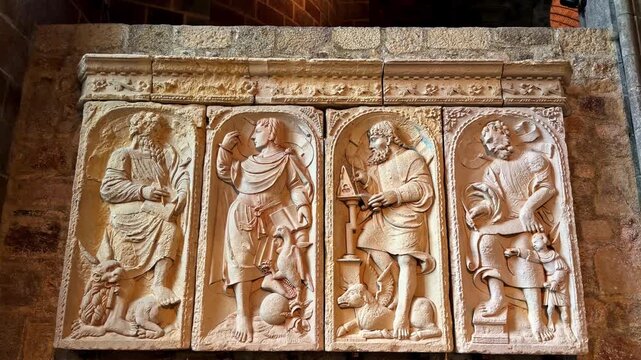 16th-century Stone Bas-relief Carving Inside The Abbey Church Of Mont-Saint-Michel In Normandy, France. Zoom In Shot
