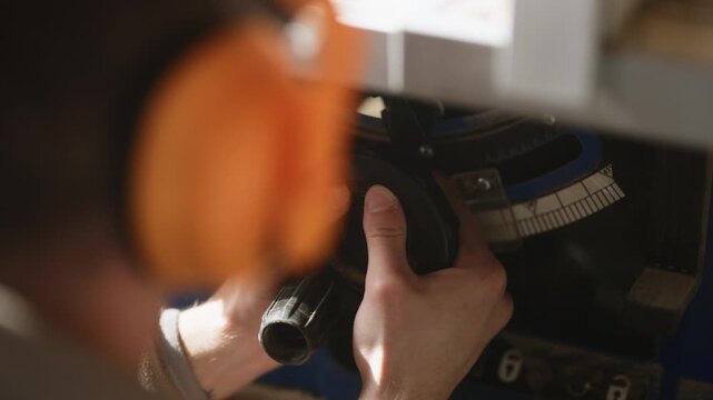 A crafts persons hands meticulously adjust a woodworking machine. The worker fine-tunes the settings of a power tool, emphasizing precision and safety.