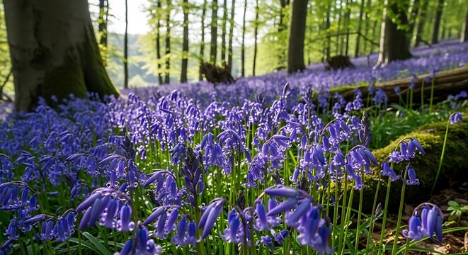 Bluebells Blooming in Forest Clearing Trees.