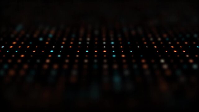 Glowing light spots illuminate an abstract fiber optic background integrated with professional studio mixing equipment and a digital audio console for electronic music recording