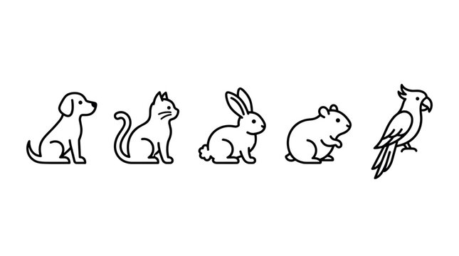 Pet animals icons set featuring dog cat rabbit hamster parrot in a minimalist line art style perfect for various design projects and veterinary concepts.