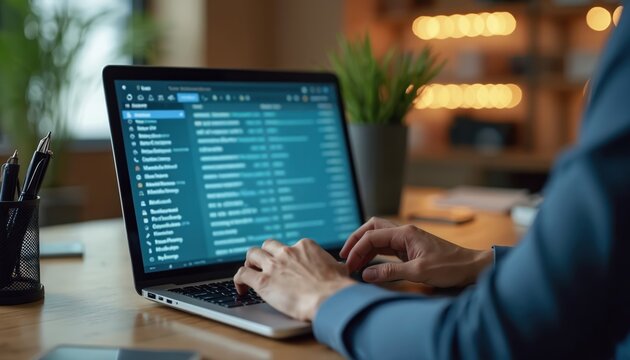 Person types on laptop showing email inbox list. Businessperson manages correspondence online using digital device. Workplace screen displays messages, communication flow.