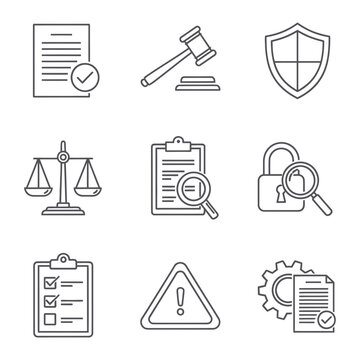 Law and justice icons with scales, magnifying gla