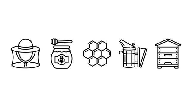 Beekeeping tools and honey production elements are depicted in a clean line art icon set, illustrating the essential items for apiculture.