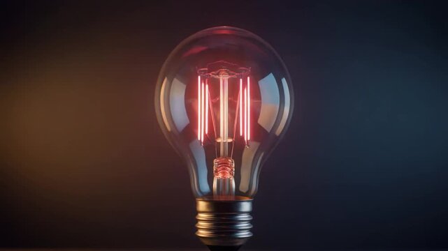 Futuristic glass light bulb emitting fluctuating pulses of red and warm light tones in a dark studio setting, macro close-up