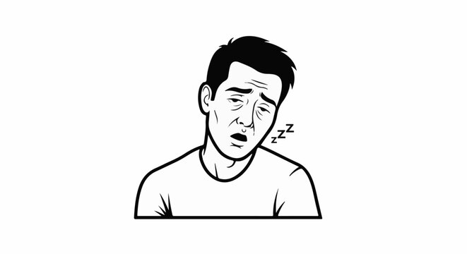 A tired person with closed eyes and open mouth, showing sleepiness