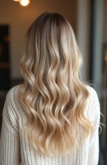 Naklejka premium Woman with long wavy blonde hair and highlights wears cozy knit sweater. Back view shows healthy voluminous styled hair. Beauty salon concept.