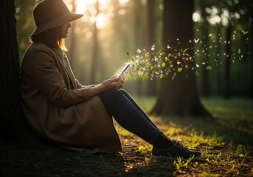 woman in forest using smartphone
