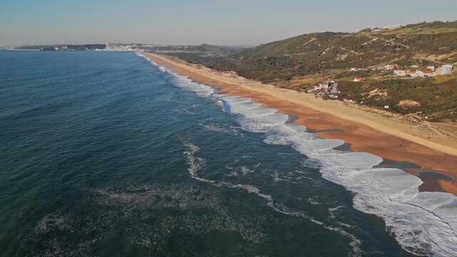 Stunning aerial of Praia do Salgado's coastline in Nazare, Portugal