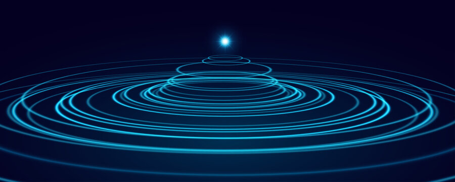 Futuristic glowing blue concentric rings with levitating central core on a dark background for technology backdrop. Energy waves with pulses in motion for digital interfaces. Vector illustration.