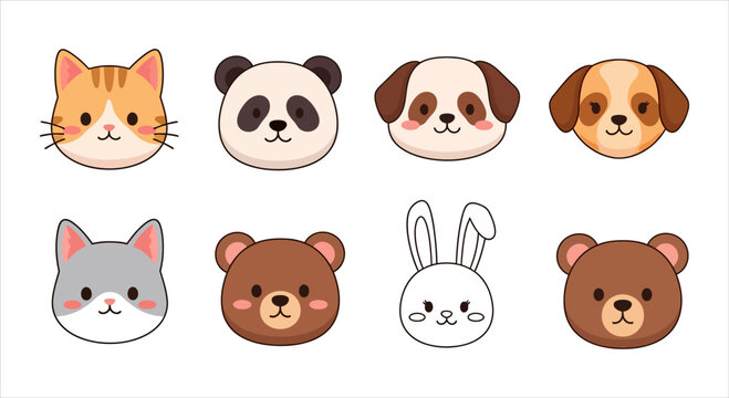 Cute Animal Faces Vector Icon Set - Kawaii Cartoon Style