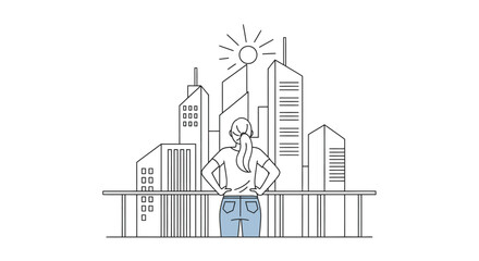 Naklejka premium Woman looking out at a modern city skyline with skyscrapers and the sun shining brightly