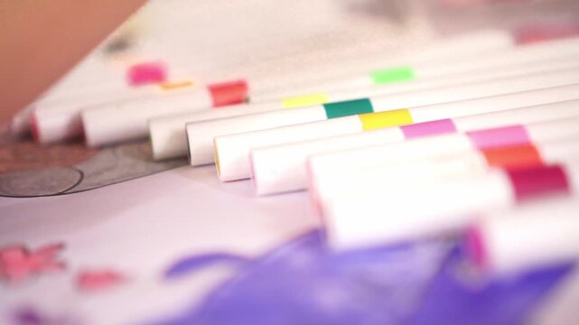 Colorful felt tip markers on table in close up view. Art and design supplies for creativity and education.