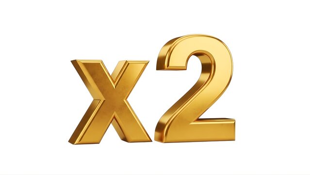 A shiny gold x2 symbol on a plain white background