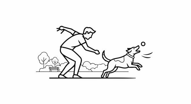 Person throwing a ball for a dog playing in a park with trees and bench