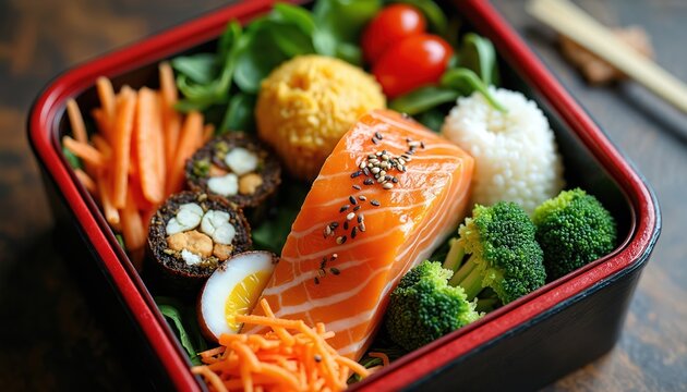 Colorful Japanese bento box with fresh teriyaki salmon, rice, broccoli, carrots, and egg. Delicious and healthy meal for lunch or dinner. Perfect bento presentation.