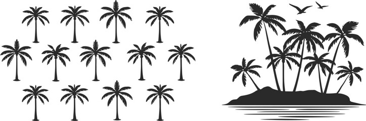 Obraz premium Black silhouette palm trees on an island with birds flying above water