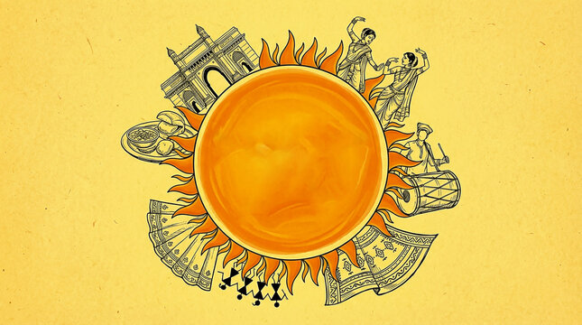 Artistic tribute to Maharashtra featuring the Gateway of India, Lavani dancers, Warli art, Dhol Tasha, and Misal Pav surrounding a glowing saffron sun. A beautiful blend of Marathi culture.