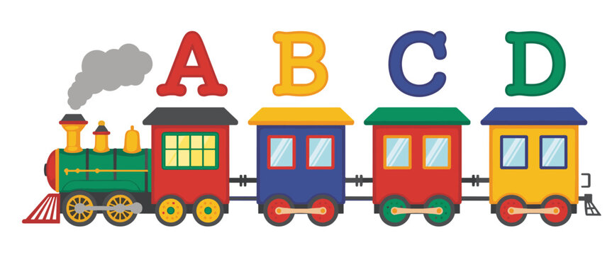 Colorful cartoon train with letters a b c d on a white background