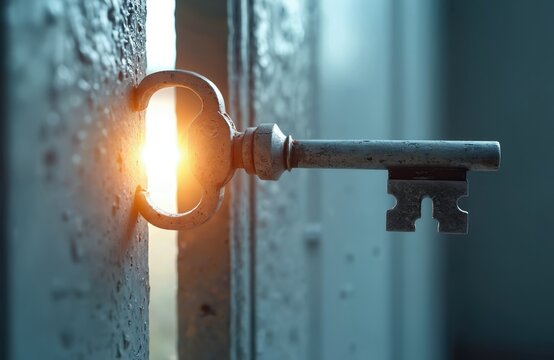 Antique silver key turns in rusty door lock, bright warm light shines through gap. Symbolizes opening new possibilities, finding solutions or unlocking secrets.
