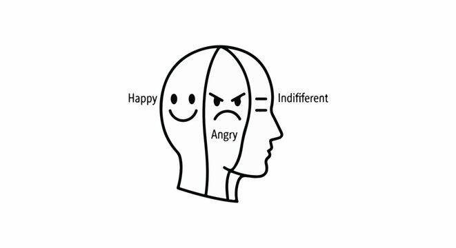 A stylized head shows different emotions happy, angry, and indifferent