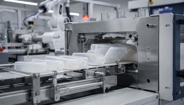 Medium shot focused on medical housing injection molding showing sterile conditions and detailed plastic casing production on automated machinery.
