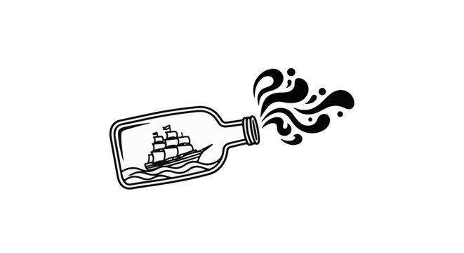 A sailboat at sea emerges from a bottle with swirling water