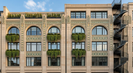 Fototapeta premium Ornate Urban Building with Green Balconies and Decorative FaÃ§ade