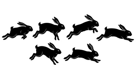 Obraz premium Dynamic Black Rabbit Silhouettes Captured In Mid-Leap
