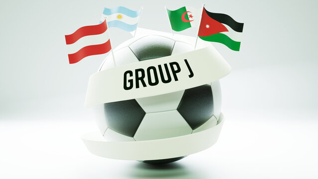 In the visual representing World Cup Group J, the flags of Algeria, Austria, Jordan, and Argentina are shown together.