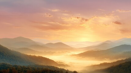 Obraz premium Serene Sunset Over Rolling Hills with Misty Valleys and Soft Light Illuminating the Peaceful Landscape and Colorful Sky at Dusk
