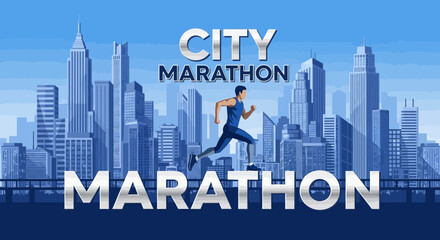 Fototapeta premium Dynamic City Marathon Illustration Featuring Runner Silhouette and Metropolitan Skyline