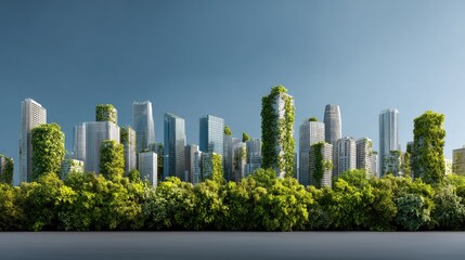 Obraz premium Urban skyline with green trees and plants, showcasing a harmonious blend of nature and modern architecture in a vibrant cityscape
