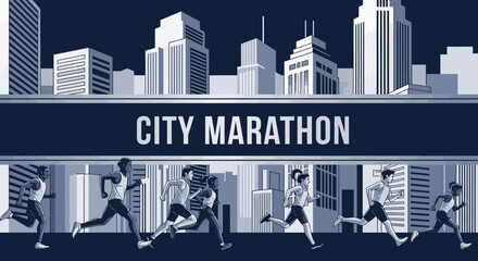 Naklejka premium Dynamic City Marathon Runners Silhouette Against Urban Skyline