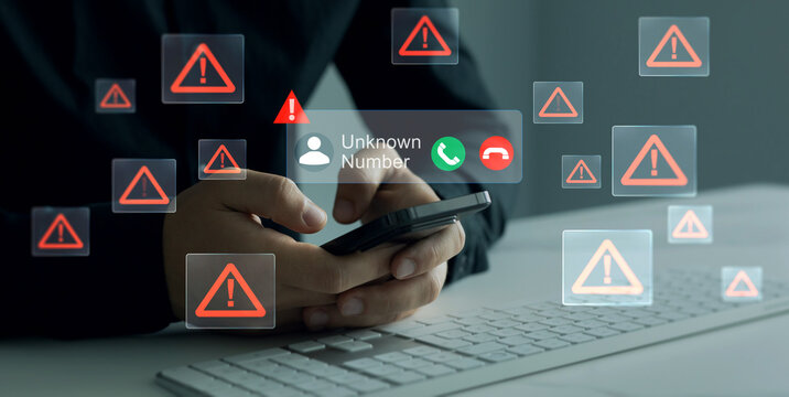 Phone scam concept showing fraud call risk, fake caller and data theft danger. Unknown number tries to trick victim into sharing money or personal information.Cyber security alert, spam call warning.