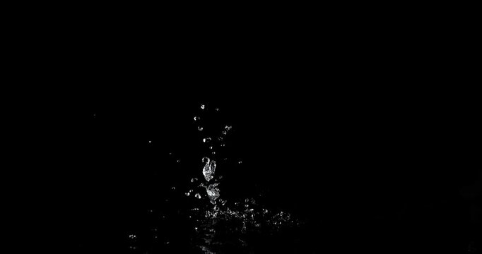 Super slow motion (1000 fps) vertical water splash with dynamic upward motion, isolated on black background. Clean liquid effect with droplets, ideal VFX overlay for product scenes.