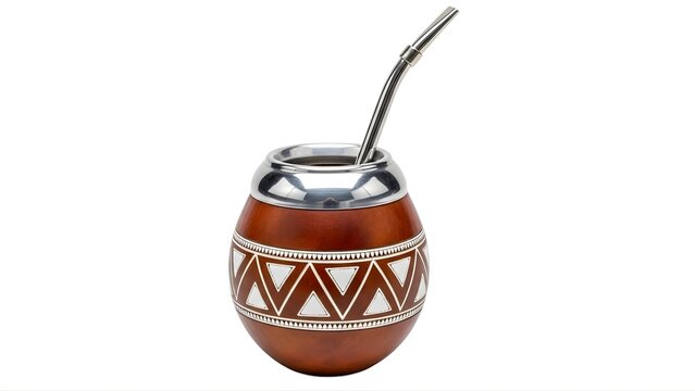 A traditional Argentine mate gourd with a metal straw on a white background