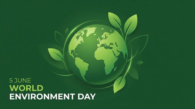 world environment day - green branch and leaves roll around circle globe on dark green background vector design