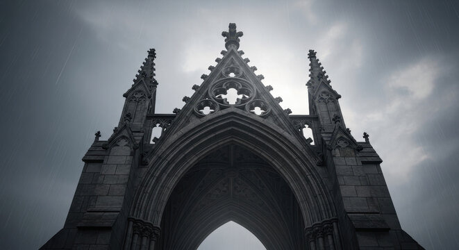 Gothic Archway Under Rainy Sky